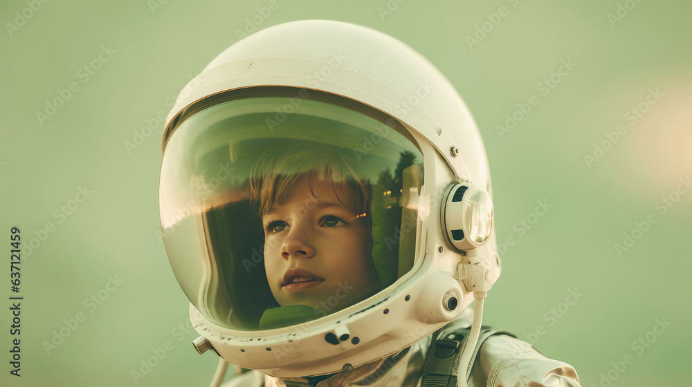Portrait of an 8 years old boy wearing an astronaut helmet isolated on flat green background with copy space. Creative concept of imagination, dreams of future profession. Portrait of an 8 years old boy wearing an astronaut helmet isolated on flat green background with copy space. Creative concept of imagination, dreams of future profession.