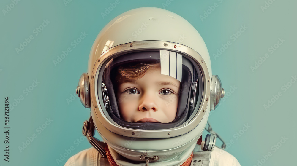 Portrait of an 8 years old boy wearing an astronaut helmet isolated on flat blue background with copy space. Creative concept of imagination, dreams of future profession. Portrait of an 8 years old boy wearing an astronaut helmet isolated on flat blue background with copy space. Creative concept of imagination, dreams of future profession.
