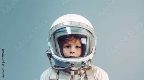 Portrait of an 8 years old boy wearing an astronaut helmet isolated on flat blue background with copy space. Creative concept of imagination, dreams of future profession.