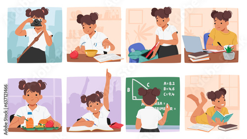 Girl Character School Day Routine. Student Putting Things into the Bag, Solve Task on Blackboard, Doing Homework