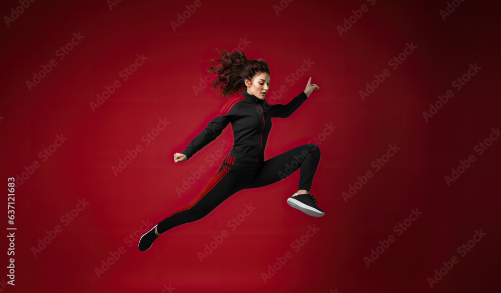 A trendy and athletic dancer jumps on a trampoline in a red studio