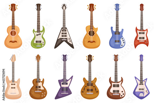 Isolated Guitars Set, Versatile String Instruments With A Resonant Body And Fretted Neck. They Produce Melodic Tones