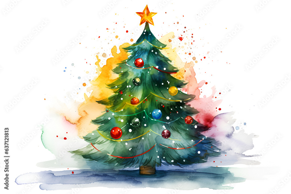 Watercolor Christmas Tree With Garlands, Balls and Splashes Isolated on White Background: AI Generated