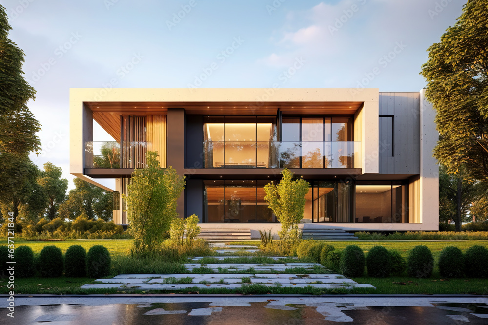 Modern house with futuristic design and panoramic windows, front view