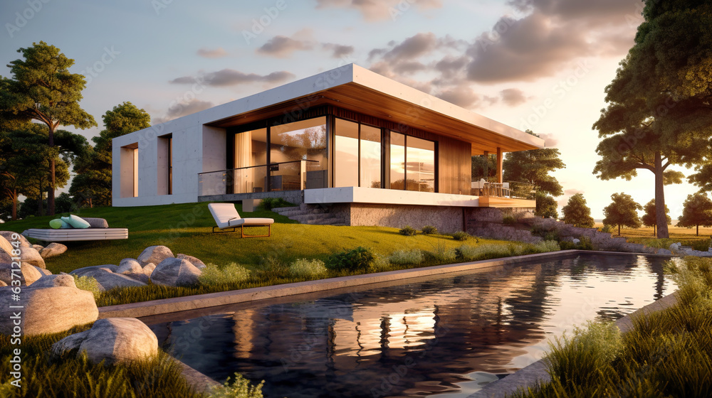 Modern luxury residential house with pool and landscaped garden at sunset Modern luxury residential house with pool and landscaped garden at sunset