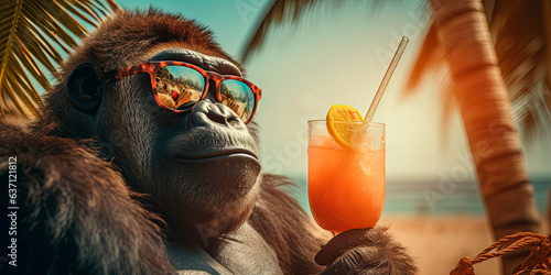  A gorilla in sunglasses and glasses with a cocktail on a tropical beach