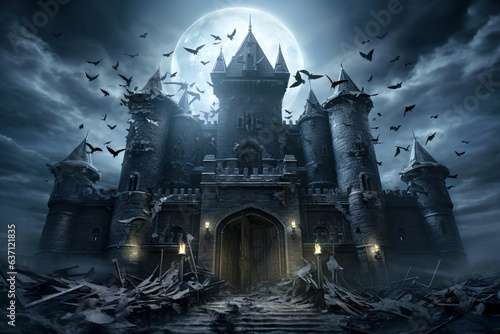 Gloomy Gothic castle at Halloween night, old haunted house with bats