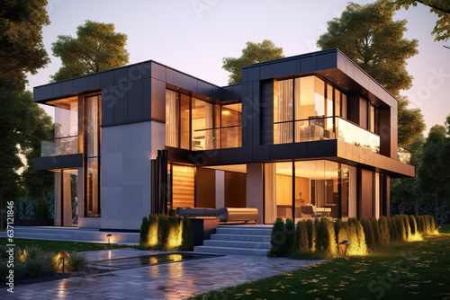 Modern luxury house, villa with interior lighting in forest in evening © karina_lo