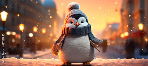  a penguin in a warm hat and scarf, standing in the snow, setting in the sun in winter.