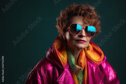 Mature woman exuding charm and confidence in a vibrant studio setting, his trendy sunglasses, colorful attire