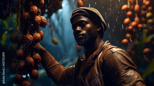 Ivorian farmer tending to a cocoa tree with a rainforest backdrop.