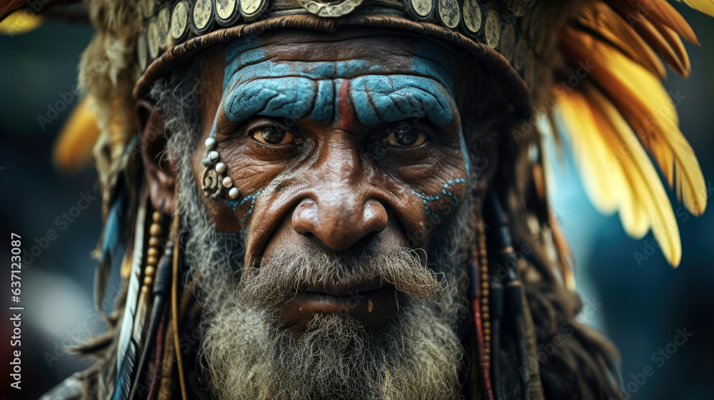 Tribesman in Papua New Guinea wearing traditional attire and headdress during a Sing-sing ceremony.