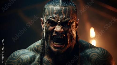 New Zealand Maori performer in traditional dress doing a haka, with facial tattoos visible.