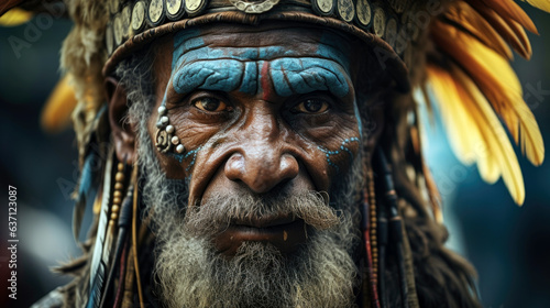 Tribesman in Papua New Guinea wearing traditional attire and headdress during a Sing-sing ceremony.