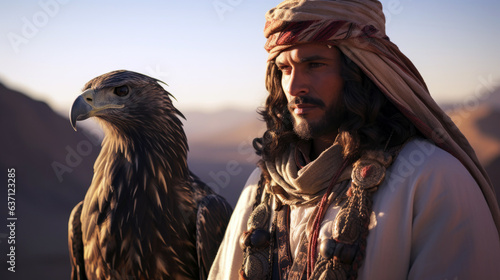 Fotografie, Obraz Saudi falconer in traditional attire with a falcon perched on their gloved hand, in a desert setting