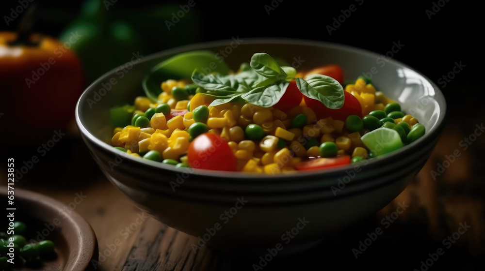 Fresh salad with green soybeans, bell peppers, corn grains, tomatoes and onions close-up in a bowl on the table. Horizontal. Fresh salad with green soybeans, bell peppers, corn grains, tomatoes and onions close-up in a bowl on the table. Horizontal.