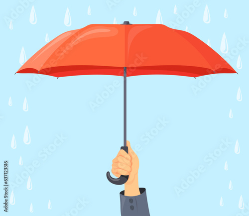 Hand holding umbrella. Guardian arm hold parasol handle in raining weather, business protection or insurance coverage concept outdoor storm protect cartoon neat vector illustration