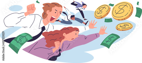 People chasing money. Employees catching fly big coins, entrepreneur rush trying grab to profit cash and wealth, financial obsession