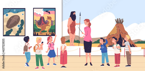 Children in museum. Child school group at antique exhibition excursion or art gallery exposition, kids ancient history science trip with teacher guide, classy vector illustration