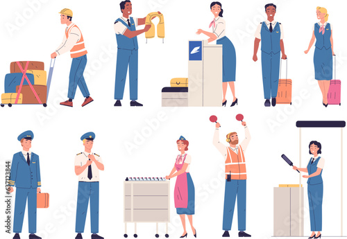 Airport staff. Aircraft crew, security employee in airline uniform check people baggage, stewardess with trolley and airplane pilot, job aviation service classy vector illustration