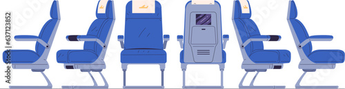 Airplane armchairs. Aircraft seats for safety flight and comfort travel inside plane of economy business class interior, isolated chair aeroplane space, classy vector illustration