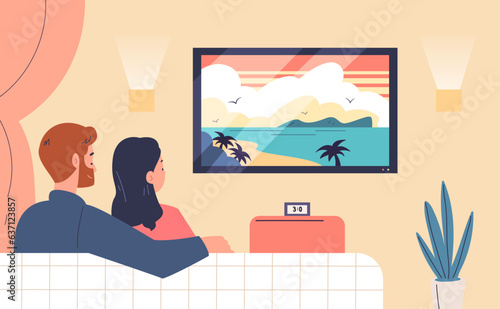 Couple watching tv. Family couples looking romantico atmospheric movie, relax weekend on sofa couch watch television, night home living room apartment interior vector illustration