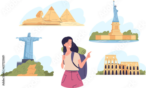 Girl sightseeing. Tourist woman with backpack planning travel visit on historical places, backpacker character adventure tour, tourism travelling plan concept vector illustration
