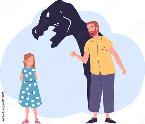Parent bullied child. Children and parents problems, parental violent aggression or molestation, angry father yell on sad frightened daughter, threatened kids vector illustration