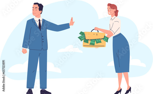 Stop corruption. Anti bribery concept, honest businessman hand rejecting bribe offer cash currency in envelope, corrupt employee refuse payment, corporate fraud vector illustration