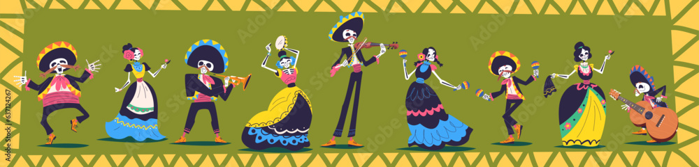 Day dead characters. Woman skeleton catrina in traditional mexican dress dancing on mariachi music, de los muertos or halloween party sugar skull