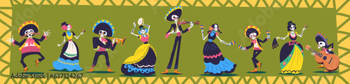 Day dead characters. Woman skeleton catrina in traditional mexican dress dancing on mariachi music, de los muertos or halloween party sugar skull