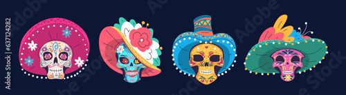 Mexican characters skulls. Sugar skull face for day dead party celebration, deadly creatures artwork skeleton catrina de los muertos or halloween mexico, classy vector illustration