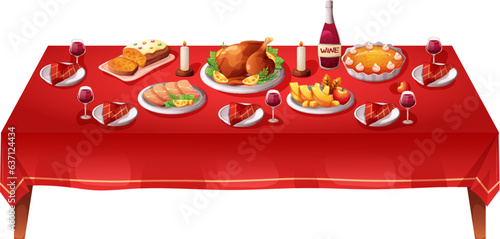 Thanksgiving dishes table. Buffet festive dinner turkey and setting meals ingredients on dining tables, autumn party celebration in dinning, dish plates garish vector illustration