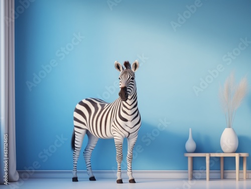 Creative concept made of zebra standing in minimal blue living room