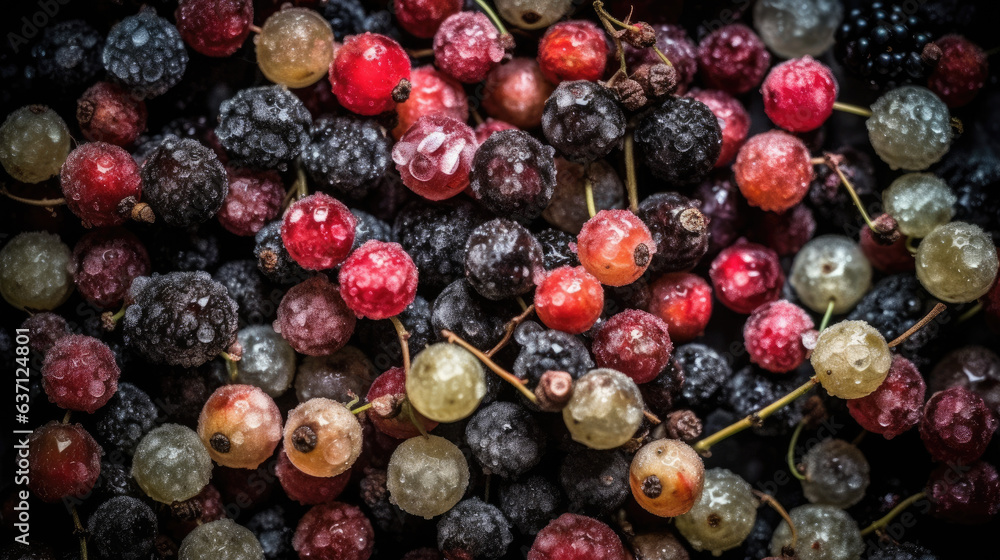 Frozen mixed berries, top view - red currant, white currant, blackberry, gooseberry and black currant. Frozen mixed berries, top view - red currant, white currant, blackberry, gooseberry and black currant.
