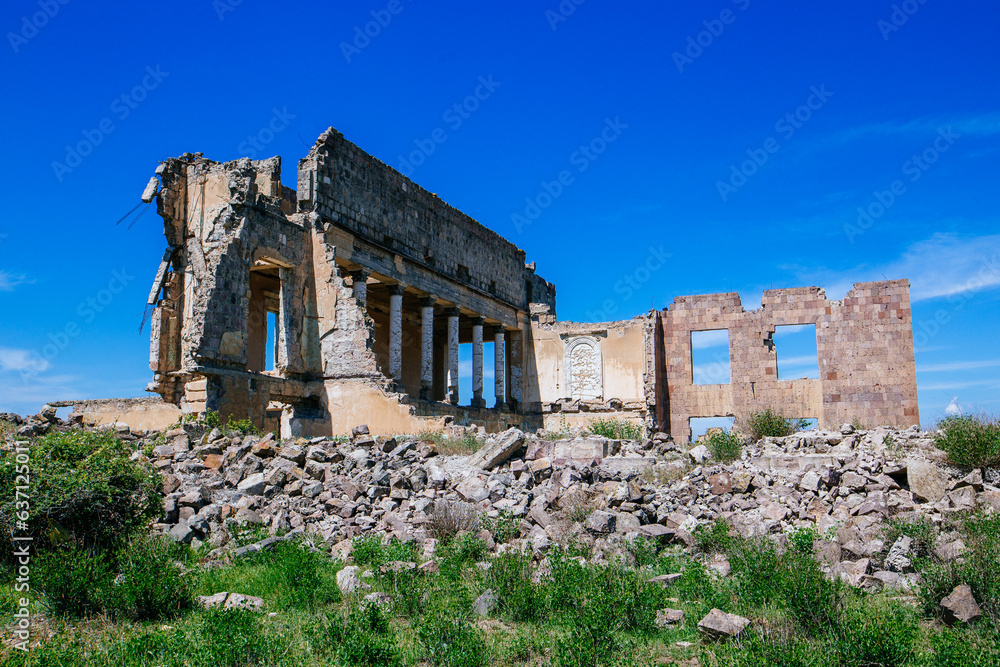 Ruined building. Consequences of disaster, explosion, bombing, war or demolition