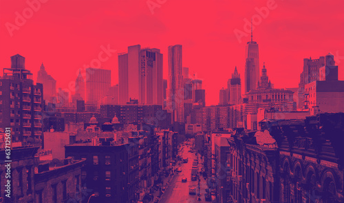 New York City overhead view of Madison Street in Chinatown and the downtown skyline buildings with red blue color effect