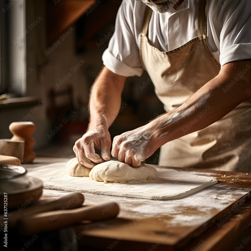 Baker is rolling hands in flour kneading dough for pies, pizza and pasta food meal restaurant