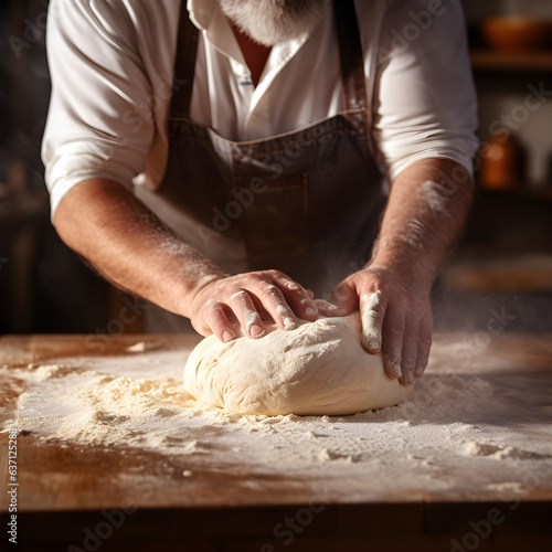 Baker is rolling hands in flour kneading dough for pies, pizza and pasta food meal restaurant