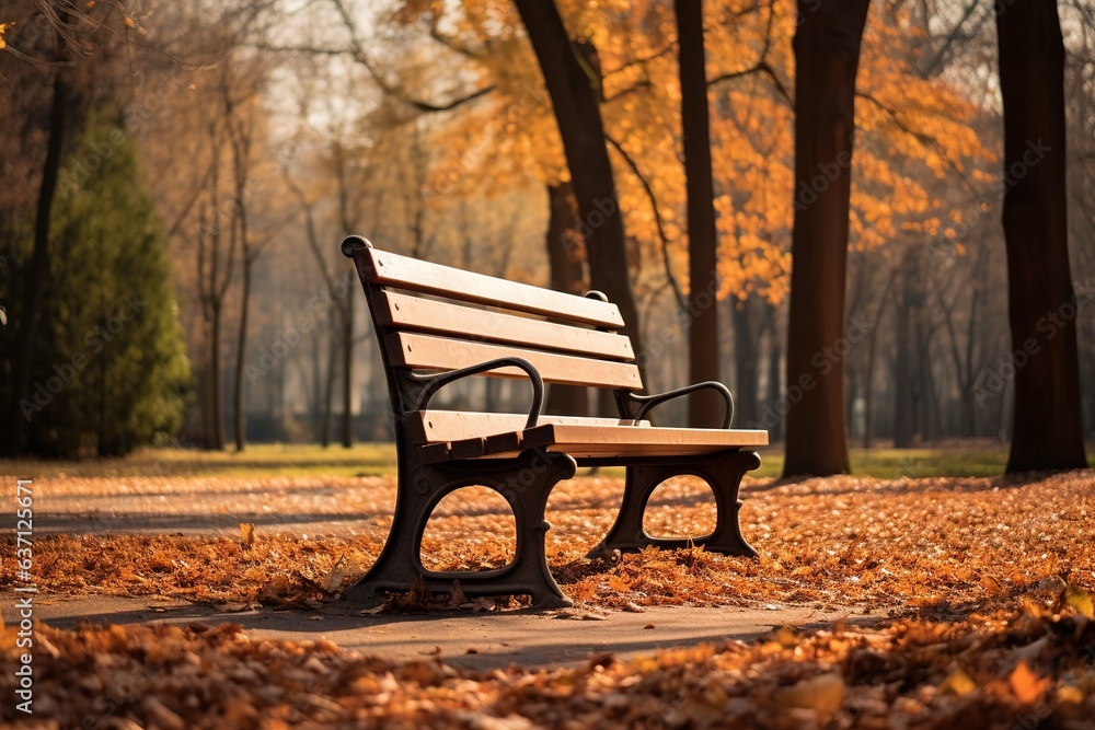 Autumn forest with a bench near a path. Autumn sparrow walk with brown leaves on the ground.