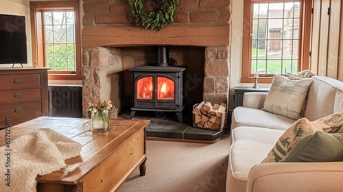 Farmhouse interior design, home decor, sitting room and living room with burning fireplace, sofa and furniture in English country house and cottage style © Anneleven