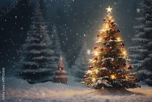 Weihnachts-Grußkarte mit Platz für Text. Beleuchteter Weihnachtsbaum mit Lichterketten draußen im Schnee. 