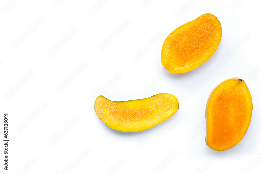 Sweet and juicy tropical fruit, Mango on white background. Top view