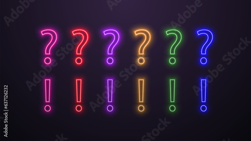 Set Neon bright shiny glowing exclamation and question marks in different colors on a dark background.