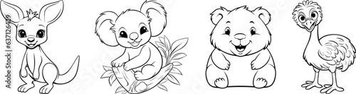 Australian animals friendly cartoon characters collection. Kangaroo, koala, wombat and emu friends from australia. Black outline coloring book vector illustrations. © mr_marcom
