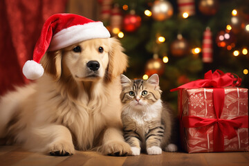Cute dog and cat together near christmas tree and gifts.