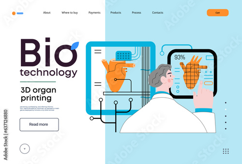 Bio Technology, 3D organ printing -modern flat vector concept illustration of 3D printer creating a human heart. Metaphor of technology in organ transplantation and the future of regenerative medicine