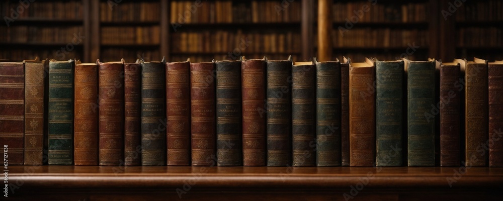 Photo of a neat arrangement of books on a rustic wooden shelf - obrazy, fototapety, plakaty 