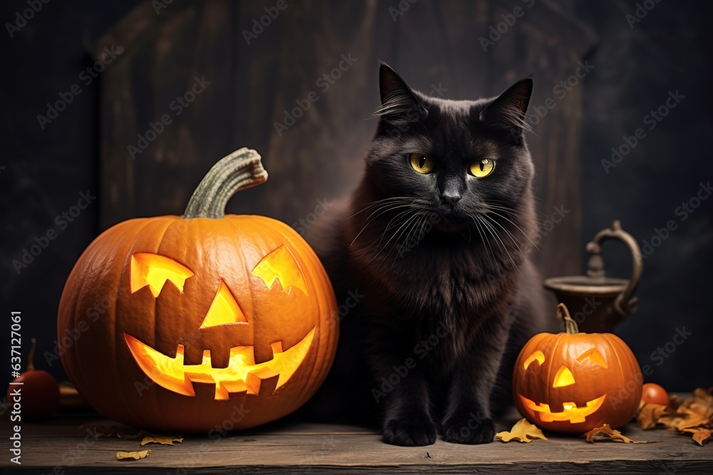 Cute Black Cat and Jack o Lantern on wooden background. Cute Black Cat and Jack o Lantern on wooden background.