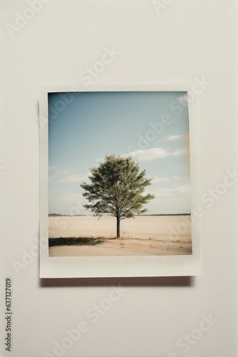 Photo of a solitary tree standing tall in a vast open field captured in a vintage polaroid photograph